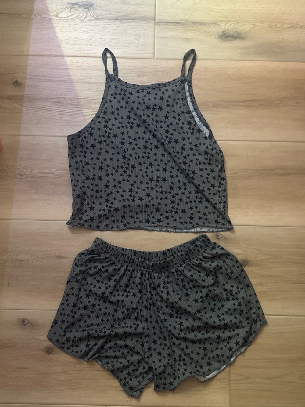 Gray Star-Print Ribbed Sleep Tank & Short Set